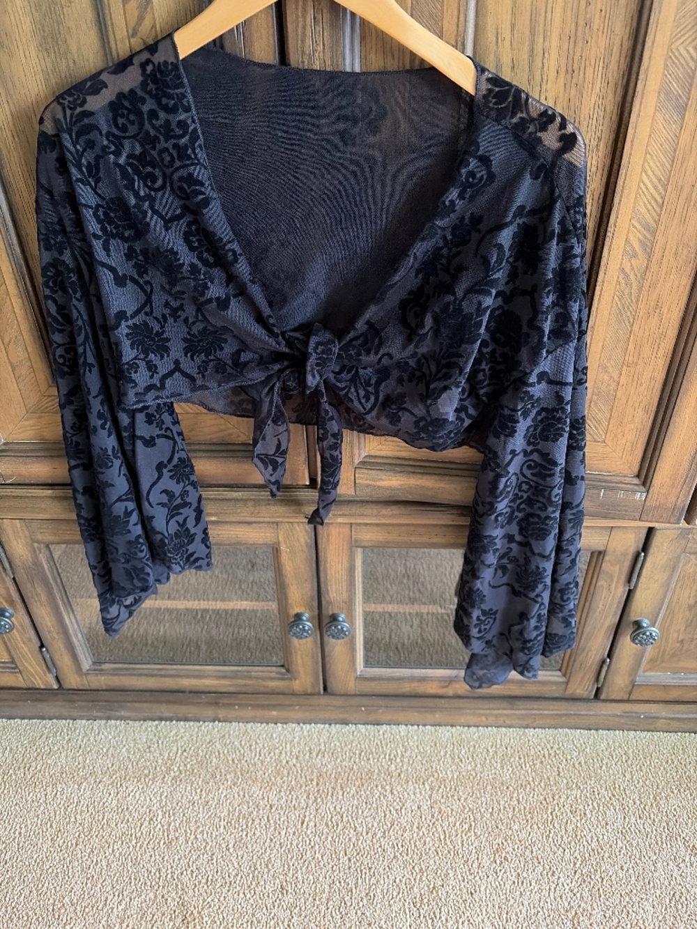 Black floral flocked front tie top with bell sleeves Medium